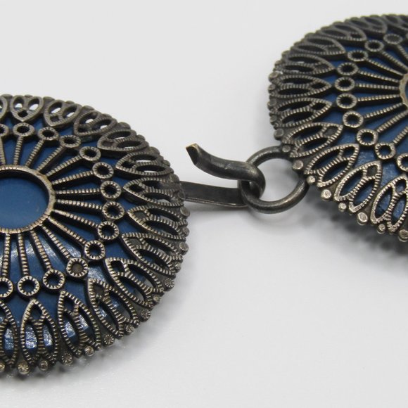 Vintage Metal Belt Filigree Chain Silver Blue OOAK Boho Hippie Ethnic - Picture 5 of 9